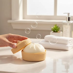 Puede incluir: Un jabonera amarilla con un jabón blanco con forma de dumpling. Se levanta la tapa, revelando el jabón en su interior. Burbujas flotan en el aire, sugiriendo un aroma fresco. Toallas blancas y una pequeña planta en el fondo.
