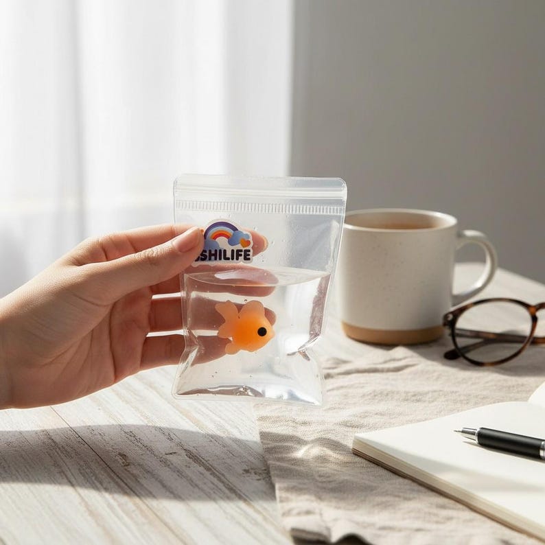 May include: A clear plastic bag with a zipper closure, containing water and an orange goldfish toy. The bag has a rainbow sticker with the word "SHILIFE". A white mug, glasses, and a notebook are in the background.