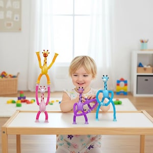 Peut inclure: Une jeune enfant joue avec des jouets girafes colorés et pliables. Les girafes sont dans des tons de jaune, rose, violet et bleu. Les jouets ont des membres flexibles et sont sur une table blanche.