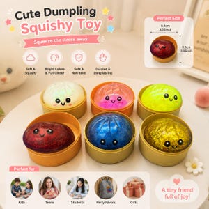 May include: Six round squishy dumpling toys with smiling faces, each in a small container. The toys are white, pink, green, dark red, blue, and yellow, all featuring glitter. A diagram shows a diameter of 3.35 inches and height of 3.35 inches.