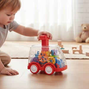 May include: A red and clear plastic toy bus with colorful gears inside. The bus has white wheels and a red handle on top. A child is playing with the toy on a wooden floor.