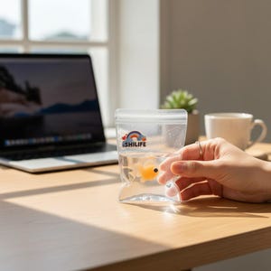 May include: A clear plastic bag with a goldfish inside, held by a hand. The bag has a rainbow and the word "SHILIFE" printed on it. The goldfish is orange. A laptop and a coffee cup are in the background.