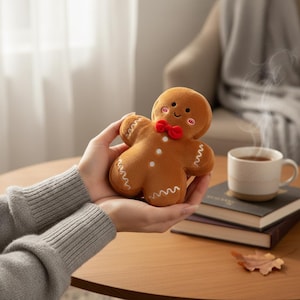 May include: A soft gingerbread man toy with a red bow tie and white icing details. The gingerbread man is held in someone's hands. A cup of tea and books are in the background.