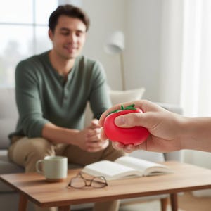 May include: A red tomato-shaped stress ball with a green stem is held in a hand. The background shows a person sitting on a couch, a coffee table with a mug, glasses, and a book. The stress ball is a vibrant, playful item.