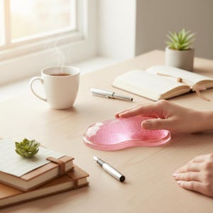 以下が含まれることがあります： ピンク色のジェルのリストレストが明るい木製の机の上にあります。手はリストレストの上にあります。机の上には、白いマグカップ、ペン、多肉植物、ノートの束などがあります。背景には窓があります。