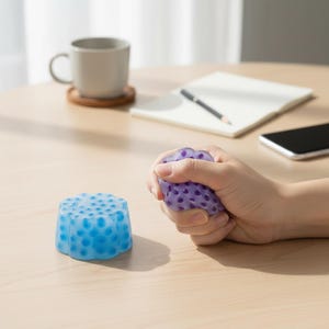 May include: A light blue and a purple stress ball with a dotted pattern. The purple stress ball is being squeezed by a hand. A white mug, a notepad, a pen, and a smartphone are on a light brown wooden table.