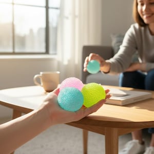 May include: A hand holds four textured stress balls in pink, blue, and yellow. Another person holds a light blue stress ball. The balls are on a wooden table with a coffee cup and a window in the background.