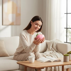 Könnte beinhalten: Eine Person hält einen rosa und grünen Stressball. Der Stressball hat eine hellrosa Farbe mit einem grünen Oberteil. Die Person sitzt in einem Wohnzimmer auf einem weißen Sofa.