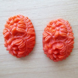 Vintage Pressed Glass Flower Orangey Colored Cabochons from Occupied Japan
