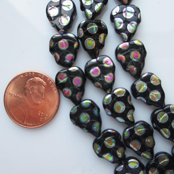 Czech Glass Leaf Beads - Black Leaf Beads - Peacock Beads - 13x10mm - Leaf  Beads