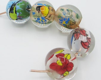 Hand Painted Bird and Flower Beads - 5 Beads