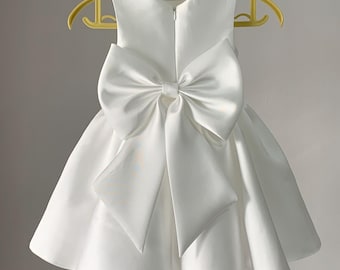 Ivory satin dress with bow flower girl dress  C-style