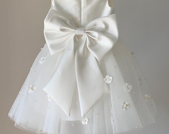 Beaded handmade flower ivory wedding dress flower girl dress O-style