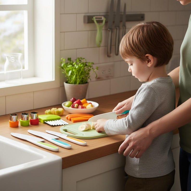 Op de afbeelding: Een kind snijdt een banaan met een wit en blauwgroen mes op een groene snijplank. Verschillende witte messen met gekleurde handvatten, fruitsnijders en een fruitschaal liggen op het houten aanrecht. Een ouder helpt het kind.