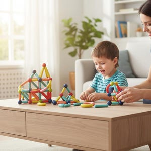 May include: A child and an adult are playing with colorful magnetic building blocks on a light wood table. The blocks are in various shapes and colors, including red, yellow, blue, and green. The child is smiling and appears to be enjoying the activity.