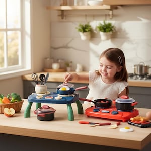 Puede incluir: Una niña juega con un juego de cocina de juguete que incluye una estufa azul y verde, una estufa roja, ollas, sartenes y utensilios. Una cesta de verduras de juguete y una manzana están en la encimera. La niña sonríe e interactúa con la comida de juguete.