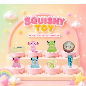 Op de afbeelding: Een verzameling kleine squishy speeltjes op een displaystandaard met niveaus. De items bevatten een pakje boter, een roze axolotl, groene en roze hooglandrunderen, een blauwe hooglander, een dumpling, een blok kaas en een tube blauwe glittergel.