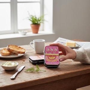 Könnte beinhalten: Eine rosa Sardinen-Dose mit schwarzem Rand, mit Fischillustrationen und dem Text "Sardines pour les toasts". Die Dose steht auf einem Holztisch mit Toast, Butter und einer Tasse.