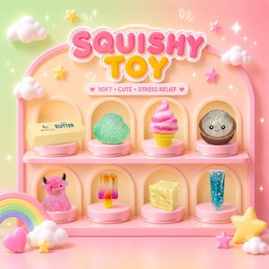 May include: A display shelf featuring the text SQUISHY TOY, SOFT, CUTE, STRESS RELIEF, holding eight items: a 4oz butter stick, a green seashell, a pink and white soft serve cone, a smiling dumpling, a pink cow, a popsicle, cheese, and a blue tube.