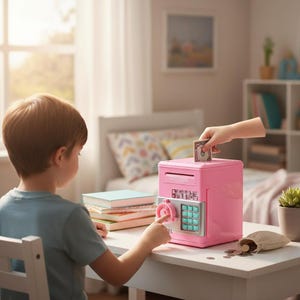 Może przedstawiać: Różowa skarbonka z zamkiem szyfrowym i klawiaturą na białym stole. Ręka wkłada banknot do szczeliny. Dziecko wchodzi w interakcję z bankiem. Mała torebka z monetami leży obok.