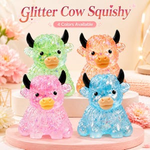 May include: Four squishy cow figures in green, orange, pink, and blue, each featuring black horns and glittery, translucent bodies. The text "Glitter Cow Squishy" and "4 Colors Available" is displayed at the top of the image.
