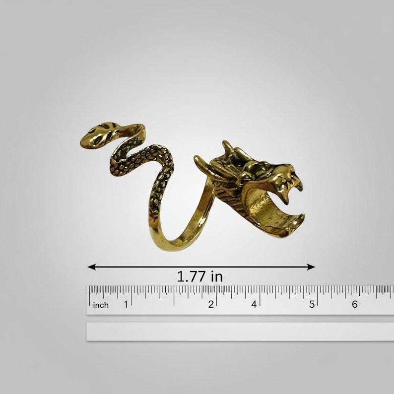 May include: A gold-colored dragon ring. The ring features a dragon head and a snake design, with a total length of 1.77 inches. The ring is made of metal and has intricate details.