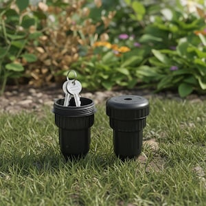 May include: Two black sprinkler system valve boxes, one open with keys inside. The other valve box is closed. The boxes are on a bed of green grass with a blurred background of plants and flowers.