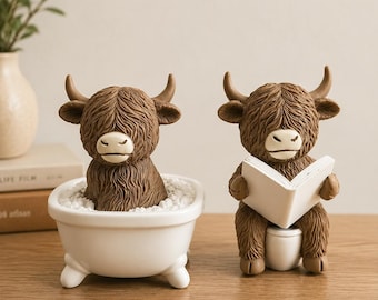 Highland Cow Resin Figurine: Bathtub & Reading Cow Sculpture – Farmhouse Decor