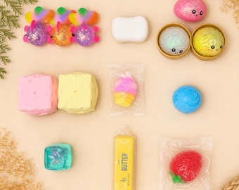 Squishy Blind Box (2 Pc) TPR Slow Rising Mystery Toy Bun, Cheese & More Equal Chance ADHD Stress Relief Fidget Gift for Kids, Adults