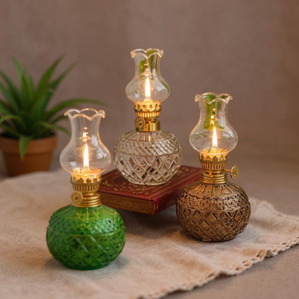 Lampada Antica Olio Stile Liberty '800 Ceramica Metallo patinato Vetro