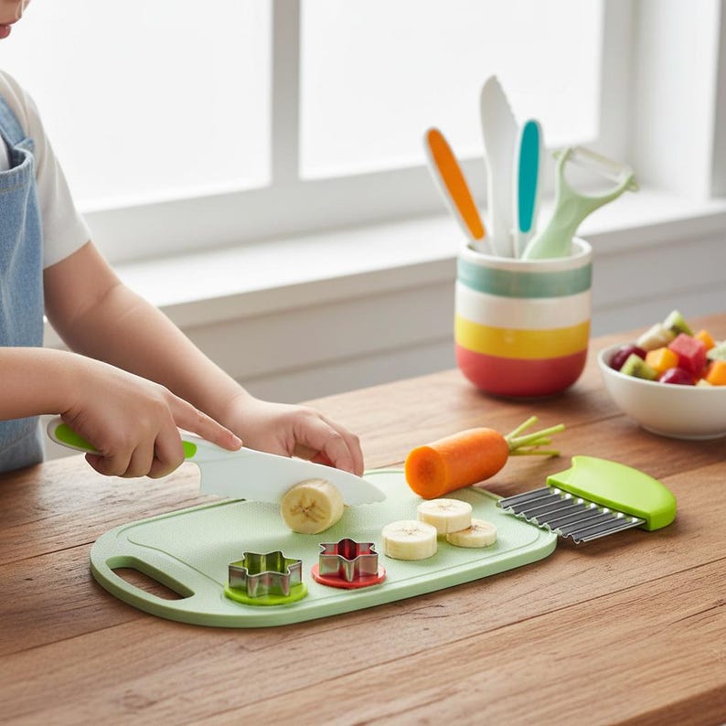 Op de afbeelding: Een lichtgroene snijplank met een banaan die wordt gesneden. De plank heeft stervormige en bloemvormige koekjessnijders. Een wortel, een fruitschiller en een kleine fruitschaal zijn ook aanwezig. Een gestreepte container bevat keukengerei.