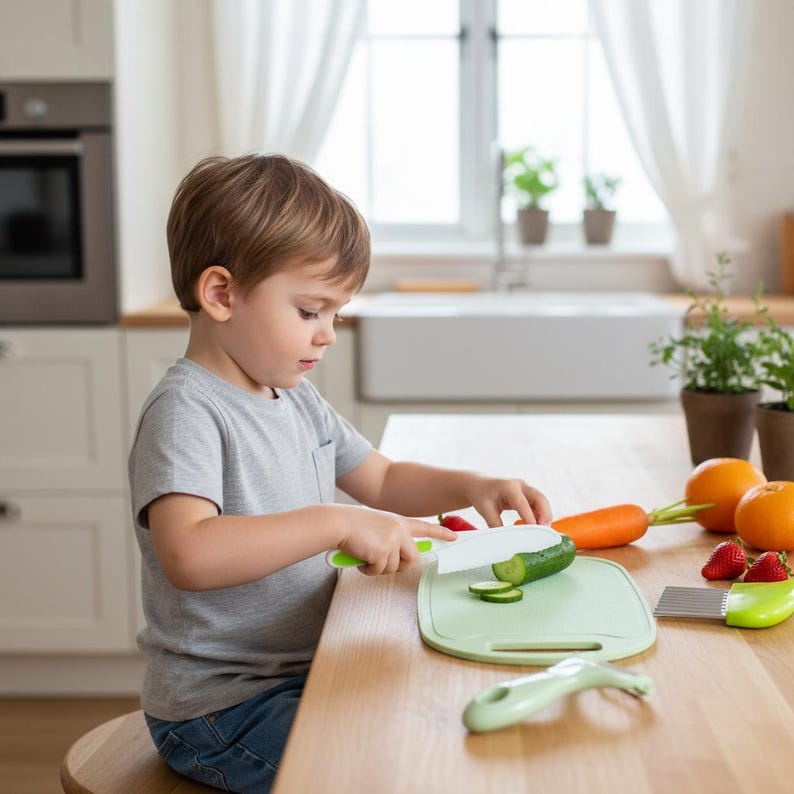 Op de afbeelding: Een kind snijdt een komkommer met een speelgoedmes op een lichtgroene snijplank. Er liggen ander speelgoedfruit en -groenten op de tafel, waaronder wortelen, sinaasappels en aardbeien. De scène speelt zich af in een keuken.