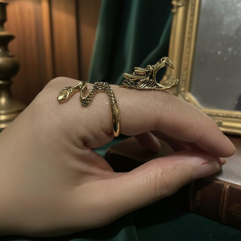 May include: Two gold-colored rings are displayed on a hand. One ring features a snake design, wrapping around the finger. The other ring showcases a detailed dragon head. The rings are set against a backdrop of a mirror and dark green fabric.