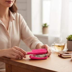 May include: A bright pink hairbrush with a hidden compartment containing rolled-up currency and pearls. The brush is held open, revealing the contents. The scene includes a cup of tea and a small notebook.