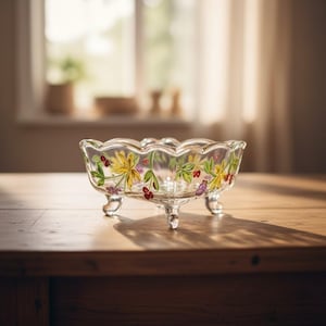 Puede incluir: Un cuenco de vidrio transparente con pie y borde festoneado. El cuenco está decorado con flores amarillas pintadas a mano, bayas rojas y hojas verdes. El cuenco está sobre una mesa de madera.