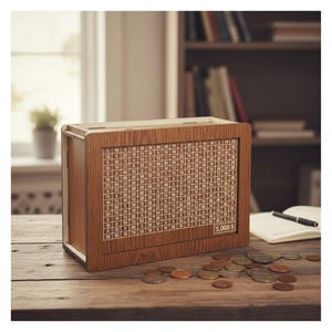 Può includere: Una banca di monete in legno con una griglia di numeri sul davanti, progettata per tenere traccia dei risparmi. La banca è rettangolare con una finitura in legno chiaro. Un mucchio di monete si trova sul tavolo davanti alla banca. Il testo "5.000$" è visibile.