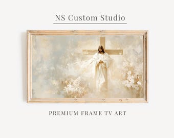 Arte cristiano para TV con marco Samsung, Jesús con la cruz, pintura al óleo vintage, arte mural de fe, descarga digital