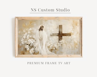Arte cristiano para TV con marco Samsung, pintura al óleo vintage de la cruz de Jesús, arte religioso para pared, descarga digital