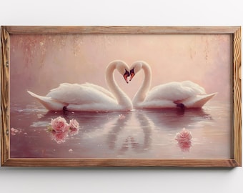 Valentine’s Day Swan Heart Frame TV Art | Romantic Lake Painting | Samsung Frame Digital Art | Love Home & Bedroom Decor