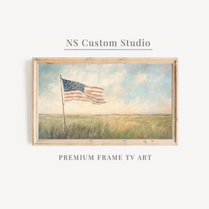 May include: A rectangular framed digital art piece titled NS Custom Studio Premium Frame TV Art. The artwork depicts a painted landscape of a grassy field under a cloudy sky with an American flag waving on a pole in the center of the scene.