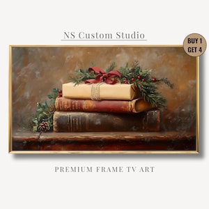 Op de afbeelding: Een rechthoekig ingelijst digitaal kunstwerk getiteld NS Custom Studio Premium Frame TV Art. De afbeelding toont een stapel van twee oude boeken met daarop een cadeau verpakt in beige papier, vastgebonden met touw en een rode strik, versierd met dennentakken en rode bessen.