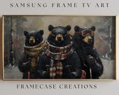 Samsung Frame TV  Art -Playful Wildlife Artwork in Vintage Oil Painting Style, Funny Winter Bear Family,Digital Wall Decor