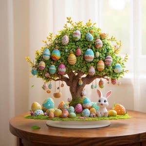May include: A decorative Easter tree with colorful, patterned eggs hanging from its branches. A white bunny figurine sits near the base, surrounded by more decorated eggs. The tree is on a round, wooden table.