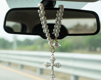 Pearl Cross Car Rearview Mirror Pendant - Elegant Pearl Bead Interior Decor Accessory