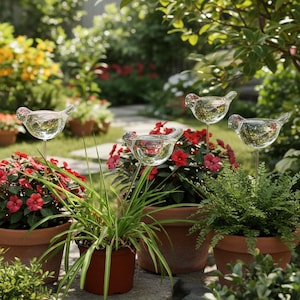 May include: Four clear glass bird-shaped plant waterers on metal stakes are inserted into potted plants. The birds are filled with water and are surrounded by red and green plants in terracotta pots. The background shows a garden with a stone path.