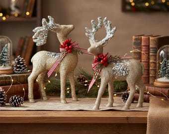 Estatua de reno navideño con lentejuelas, elegante decoración de resina (2 piezas)