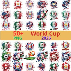 Puede incluir: Una colección de diseños de balones de fútbol con las banderas de EE. UU., México y Canadá, con el texto "World Cup 2026" y "50+ PNG". Los diseños son variados, con salpicaduras de color y elementos artísticos.