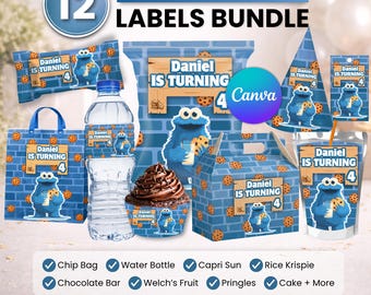 Paquete de recuerdos para fiesta de Cookie Monster, decoración para fiesta de Cookie Monster, decoración de cumpleaños, bolsa de papas fritas, etiqueta para botella de agua, envoltorio de chocolate, etiqueta para Caprisun