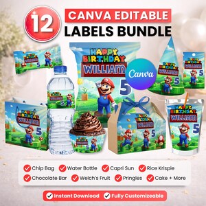 Super Mario Party Gunst Bündel, Mario Party Dekor, Geburtstagsdeko, Chiptasche, Wasserflaschenetikett, Schokoladenverpackung, Caprisun Etikett