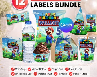 Paquete de recuerdos para fiesta de Super Mario, decoración para fiesta de Mario, decoración de cumpleaños, bolsa de papas fritas, etiqueta para botella de agua, envoltorio de chocolate, etiqueta para Capri-Sun.